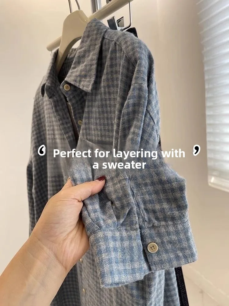 

Retro Blue Plaid Flocking Women's Shirt Spring Autumn Lazy Top Sweater Inner Wear Base Layer Shirt Coat Winter Loose Fit Long...
