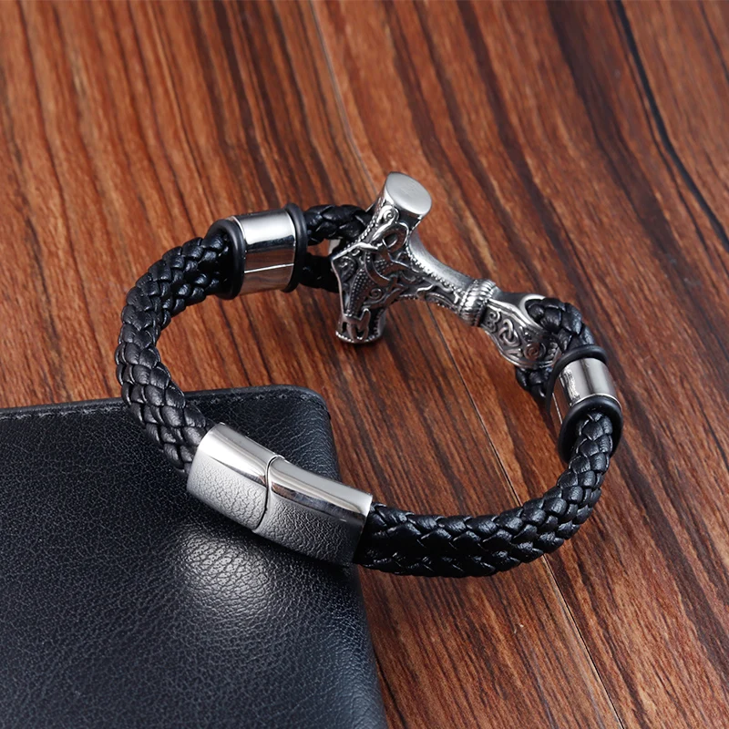 Trendy Genuine Leather Bracelet Men Classic Magnetic Button Stainless Steel Bangles Rope Wrap Charm for Male Bracelets