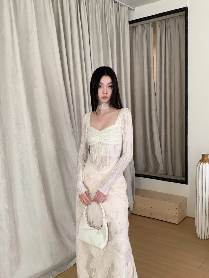 CHEERART French Style White Long Dress Party Evening Elegant Luxury Celebrity Long Sleeve A Line Midi Dress Autumn Fall Clothes