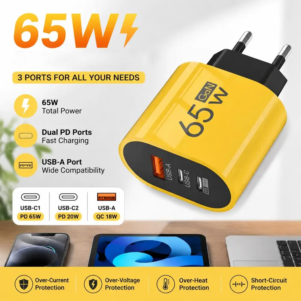 65W GaN Fast Charging Universal USB Type C Phone Charger PD QC3.0 Quick Charge Wall Charger Adapter Block for IPhone Samsung
