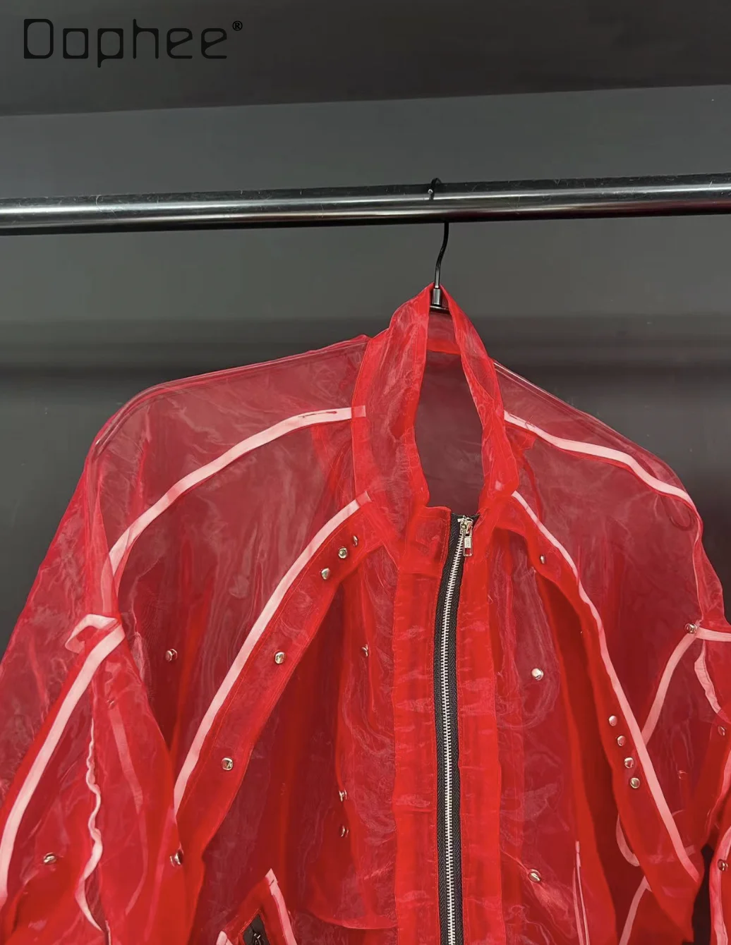 Street Personality Handsome Red Men Jacket Oversized Coat Heavy Industry Rivet Long Sleeve Thin Sunscreen Jacket Trendy Top