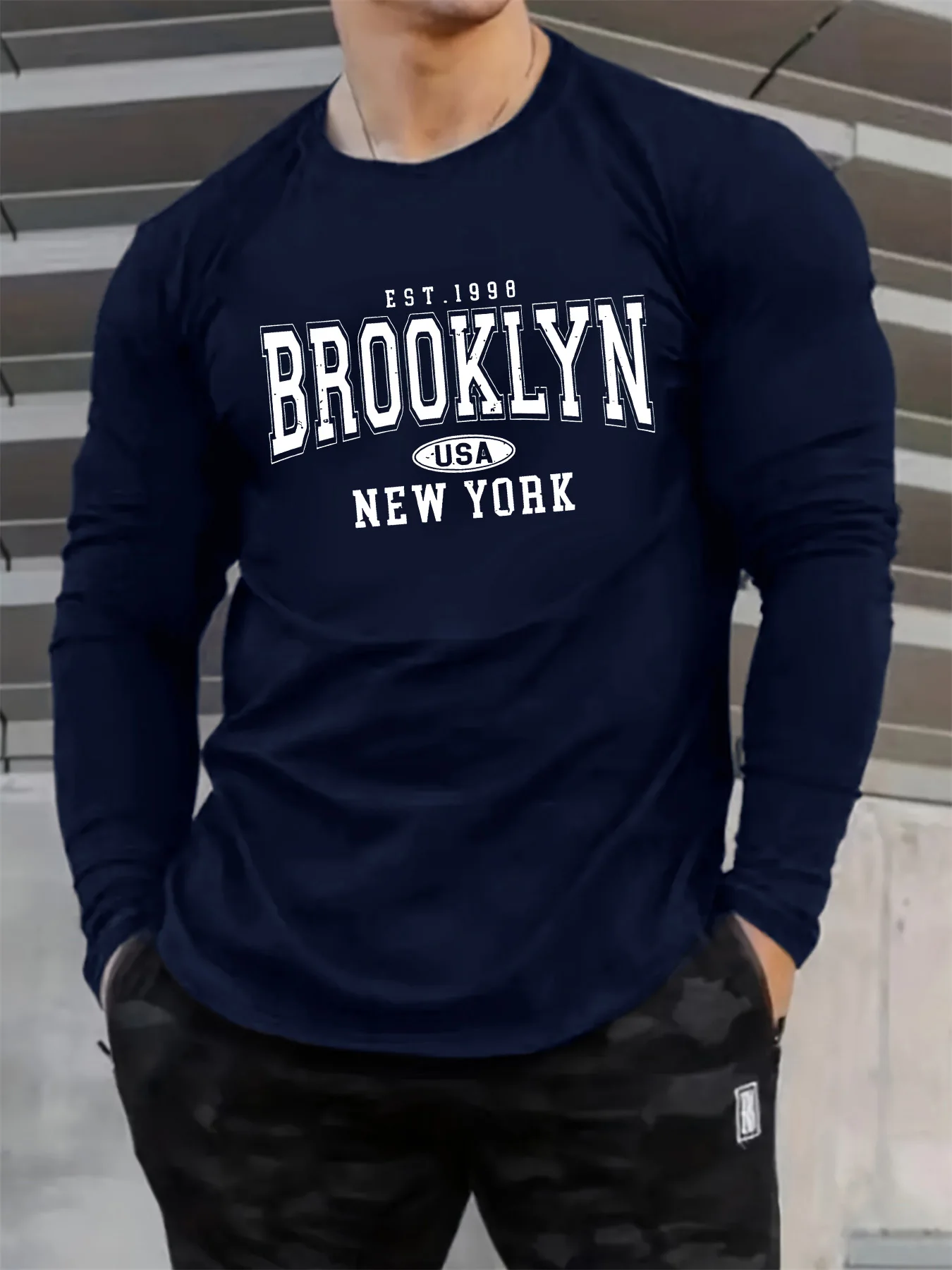 100 cotton men's long sleeved round neck loose classic Brooklyn letter pattern print autumn/winter casual versatile T-shirt top