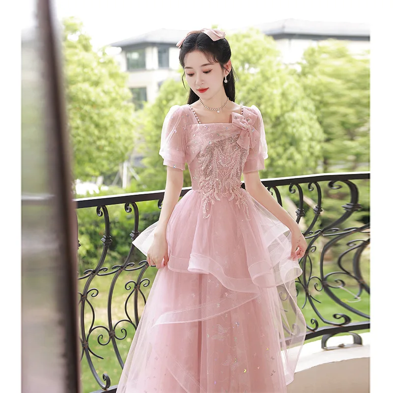 Sweet Pink Evening Dress French Square Collar Beaded Bow Quinceanera Dresses Exquisite Applique Long Princess Cake Party Gown