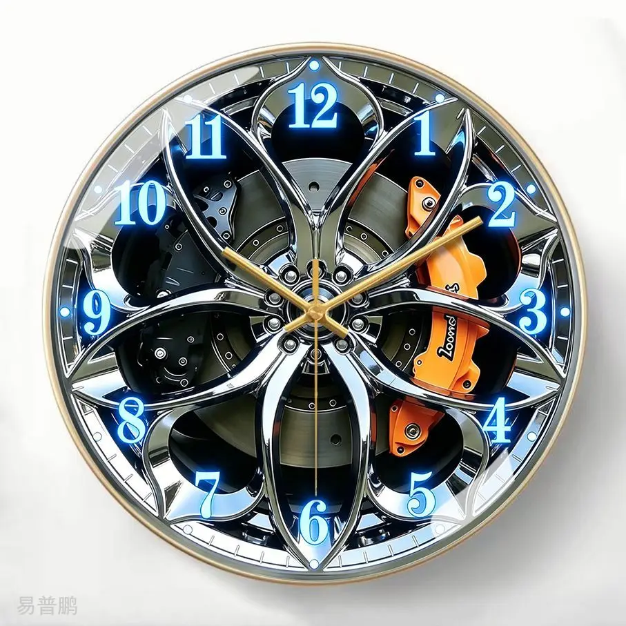 35Cm Diameter Industrial Wind Silent Wall Clock, Luminous Wheel Hub Creative Quartz Clock Living Room Bedroom Decoration