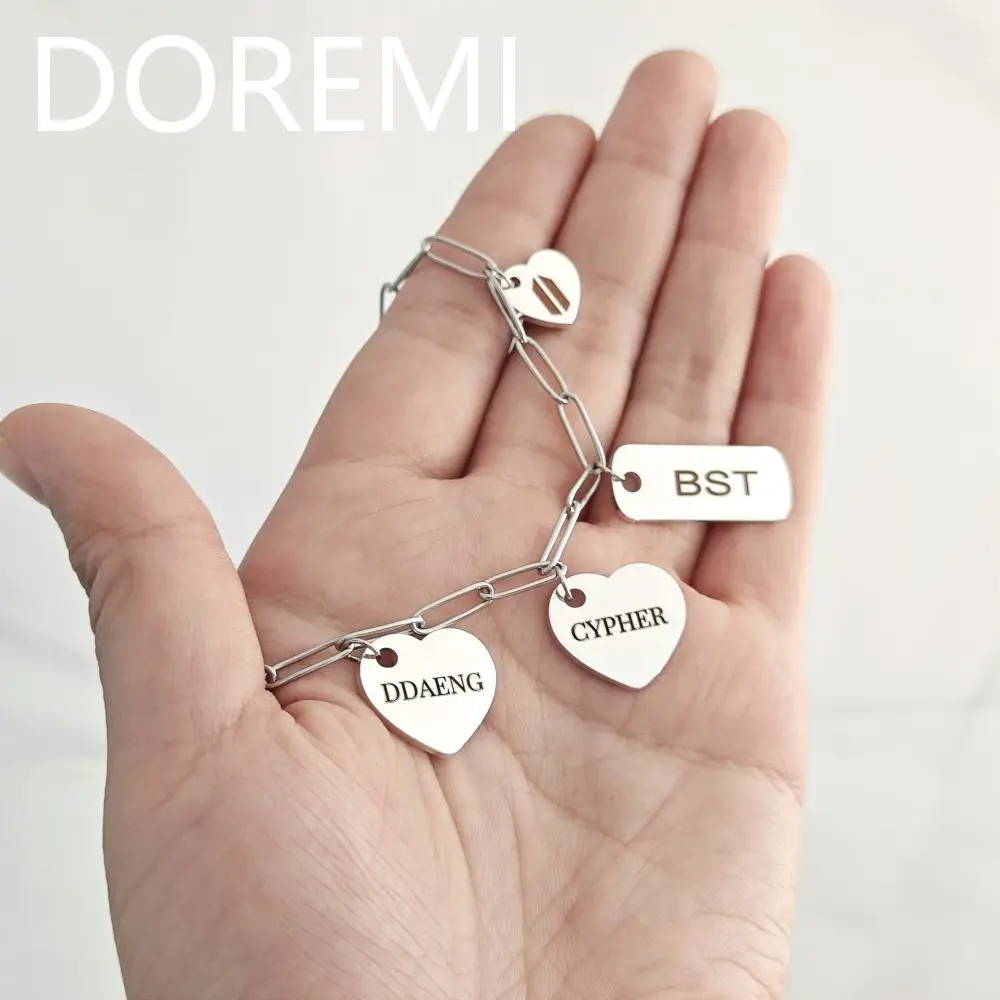 DOREMI Stainless Steel Engrave Bar Peach Hear Letters Bracelet Necklace Multi Names Charms Cursive Name Letter Engrave Necklace