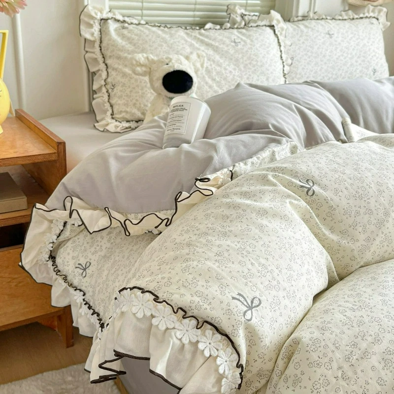 Bedroom Full Cotton A-class 4-piece with Pure Cotton Bedsheet, Small Fresh and Active Printed Duvet Cover Pillowcase Bedding