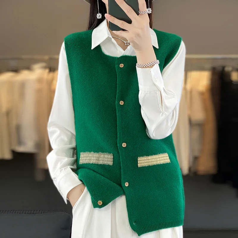 Autumn and winter new 100% pure wool square collar women's solid color loose cardigan Joker cashmere knit vest.