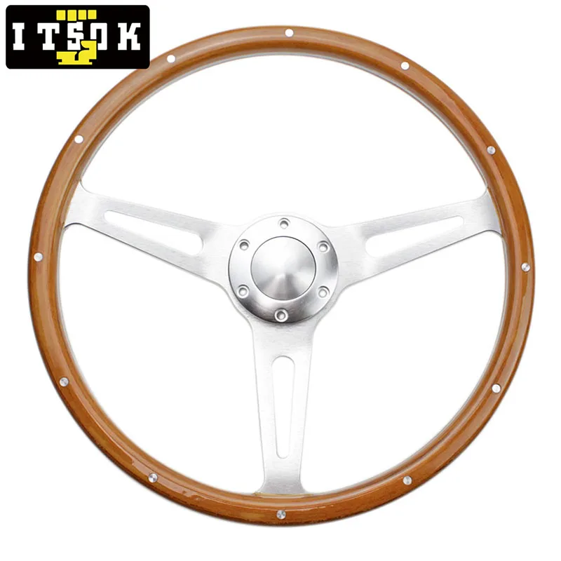 Rivet Classic Wood Steering Wheel Real Wooden 15inch 380mm Universal 15 Inch Vintage Style Aluminum Spoke