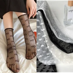 Heart Print Loose Long Socks Mesh Fishnet Lace Socks Women Summer Ultra-thin Transparent Lolita Sweet Girl Kawaii Cute Socks Sox