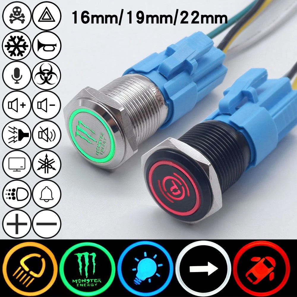 16/19/22mm Niestandardowy metalowy przełącznik przyciskowy Start Stop LED Światło do samochodu Przełącznik przeciwmgielny Motocykl Wodoodporny czarny/srebrny 12V 24V