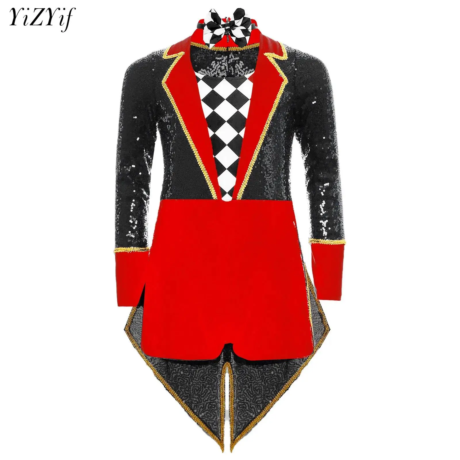 

Костюм для косплея на Хэллоуин для мальчиков и девочек, цирковой манеж, волшебник, карнавальный костюм с блестками и длинными рукавами, галстук-бабочка, фрак шоумена, комбинезон, наряд