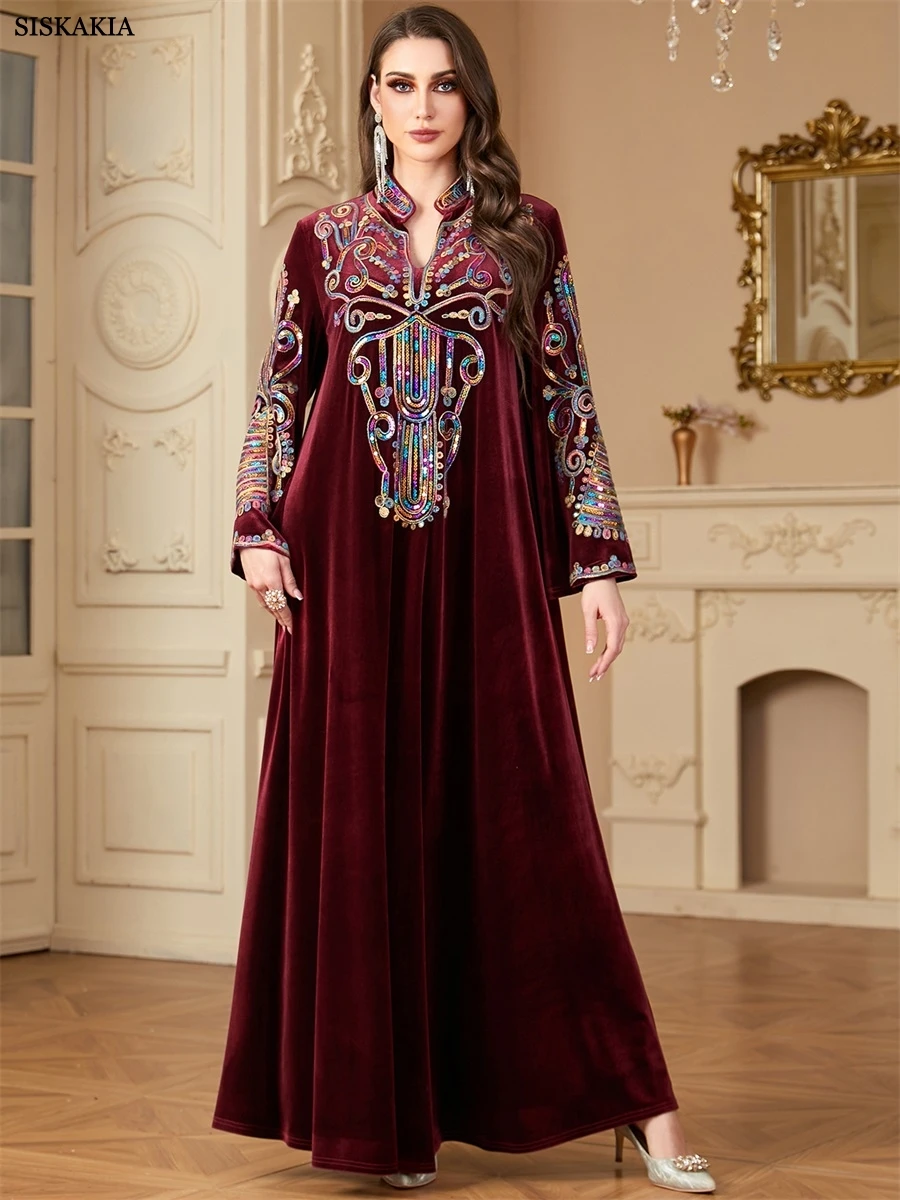 Siskakia Ramadan Muzułmanki Cekiny Patchwork Abayas Dubaj Złote Aksamitne Sukienki Marokańskie Eleganckie Casualowe Kebaya