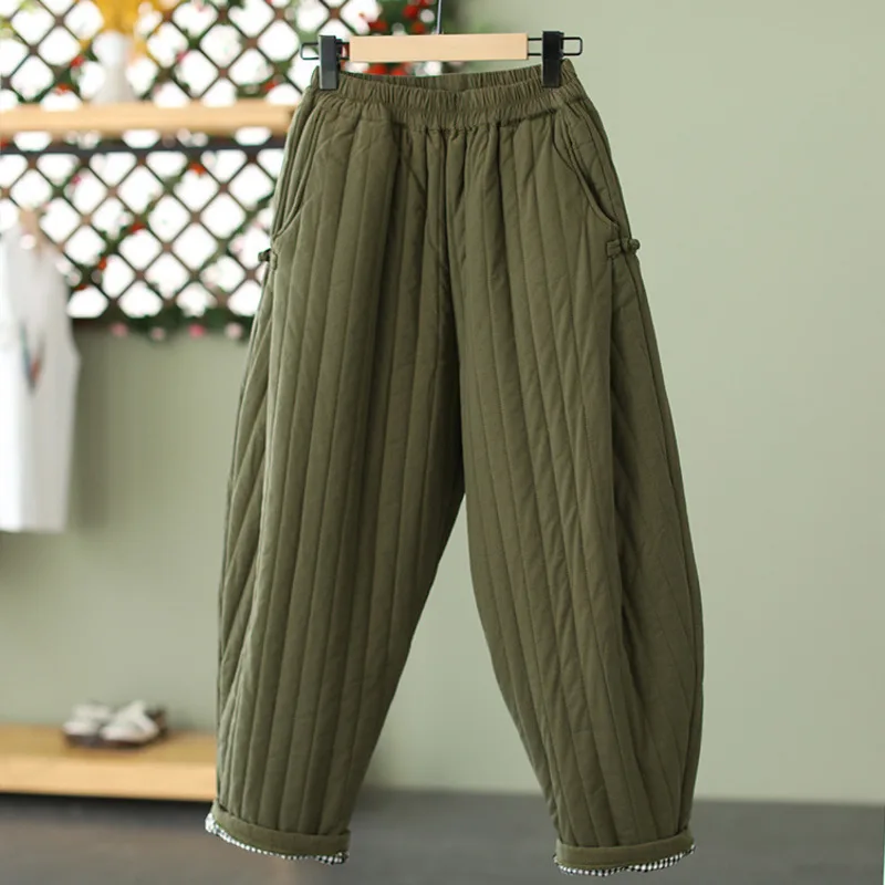 Pantalon en Coton Rembourré Rétro pour Femme, Vêtement Décontracté, avec Ceinture artificiel astique, Chaud, High Street, Taille Moyenne, Nouvelle Collection