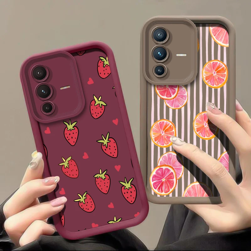 เคสโทรศัพท์ซิลิโคนนิ่มสำหรับ Vivo V50 V40 Pro V23E V60 V25 V30 SE V30E V27 V29E V27 Pro V25E ลายสตรอว์เบอร์รี่ส้ม