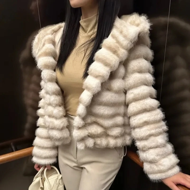 Donna ort Jaet Autunno Inverno Lusso Faion Pelliccia Con Cappuccio Allentato Caldo Top Trapuntato Cappotto di Visone Sintetico Gioventù Pendolarismo Sle