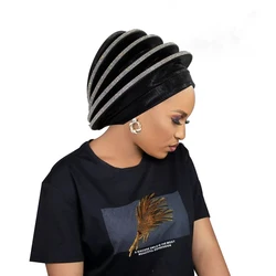 Luxo Diamantes Espiral Boina para Mulheres, Africano Senhora Cabeça Wraps, Turbante Feminino, Nigéria Capacete, Festa de Casamento, Gele Turbante