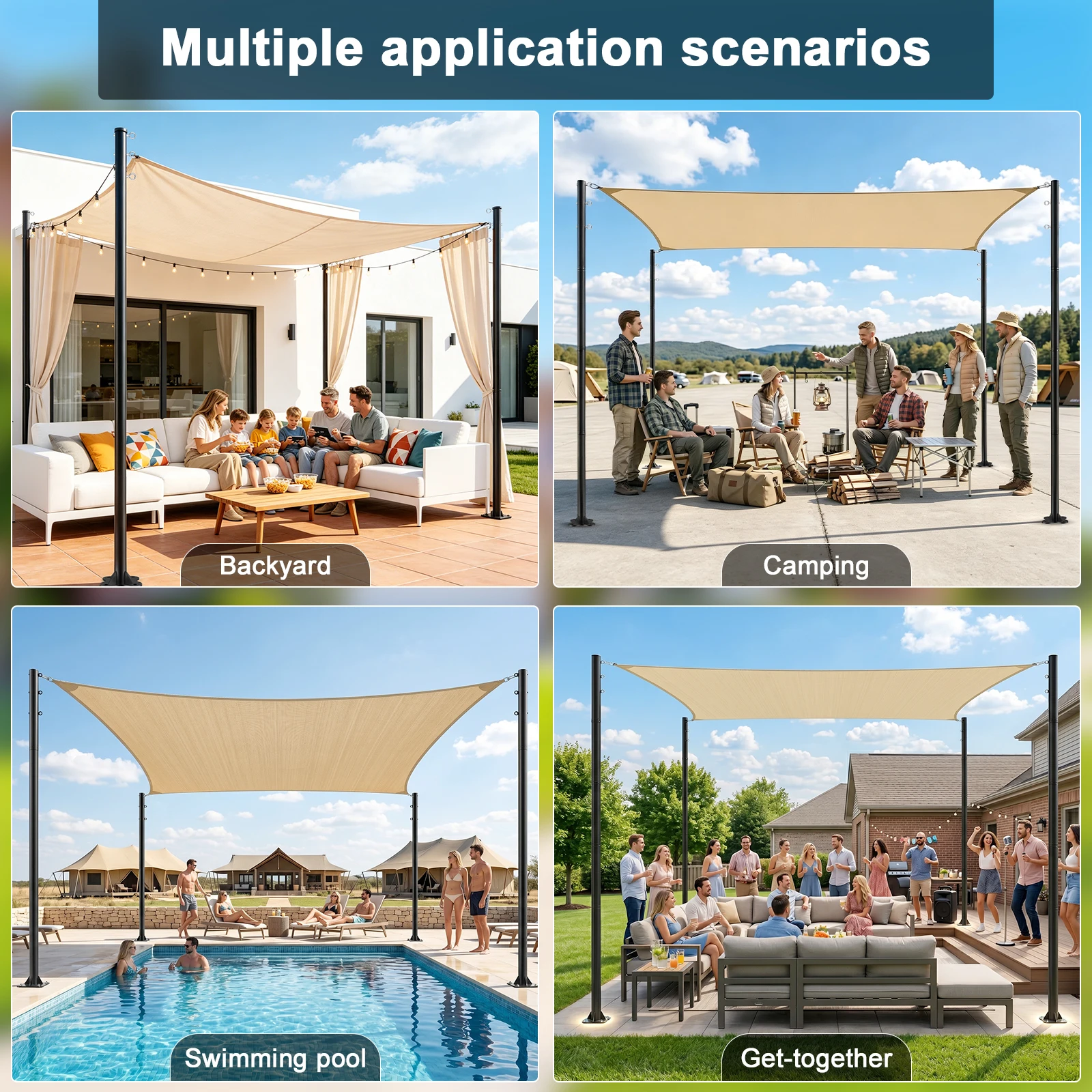 4 Pack 12ft Heavy Duty Metal Shade Sail Poles ，(Shade Sail not include）Rust-Resistant Adjustable Outdoor Support Post Kit for Patios Courtyards Backyards Gardens