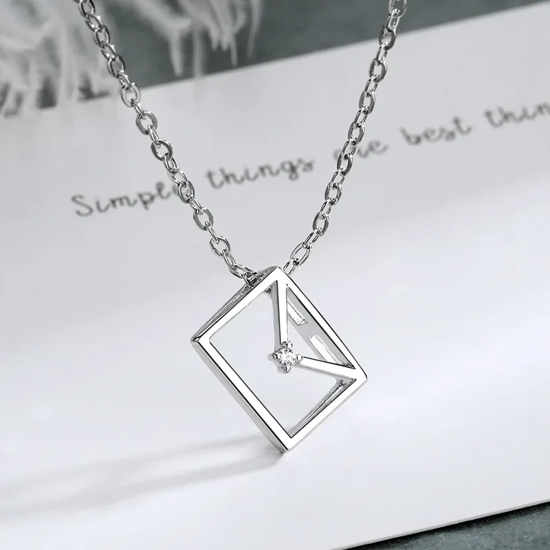 Simple Clavicle Chain 925 Sterling Silver Geometric Square Envelope Zircon Pendant Necklace For Women Kolye Collare Bijoux Femme