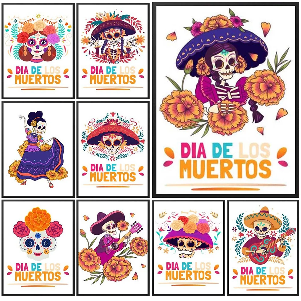 

Mexico Day of the Dead Skull Flower Posters Wall Art Canvas Painting Poster Home Decor Wall Pictures For Living Room Unframed