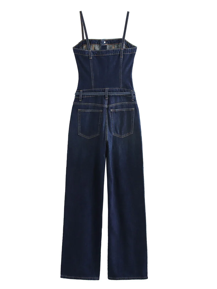 KAOPU ZA Women with belt open back denim jumpsuit vintage straight-neck thin straps wide-leg female playsuits mujer