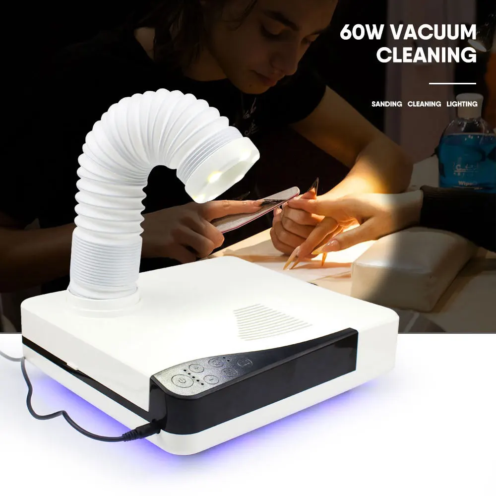 Máquina recolectora de polvo de uñas, aspiradora de manicura para Salón de Arte de uñas, removedor de succión de polvo, ventilador potente con foco LED, 60W