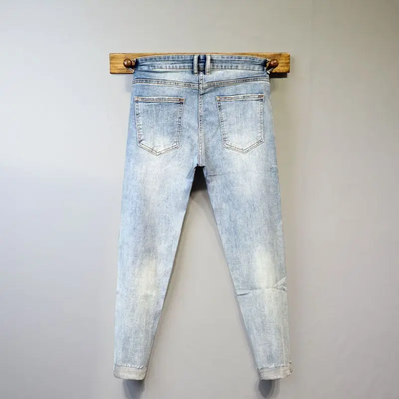 High Street Summer Vintage Casual Badfriends Skinny Blue Denim Jeans Pants Knee Distressed Ripped Holes for Men Cotton Trousers