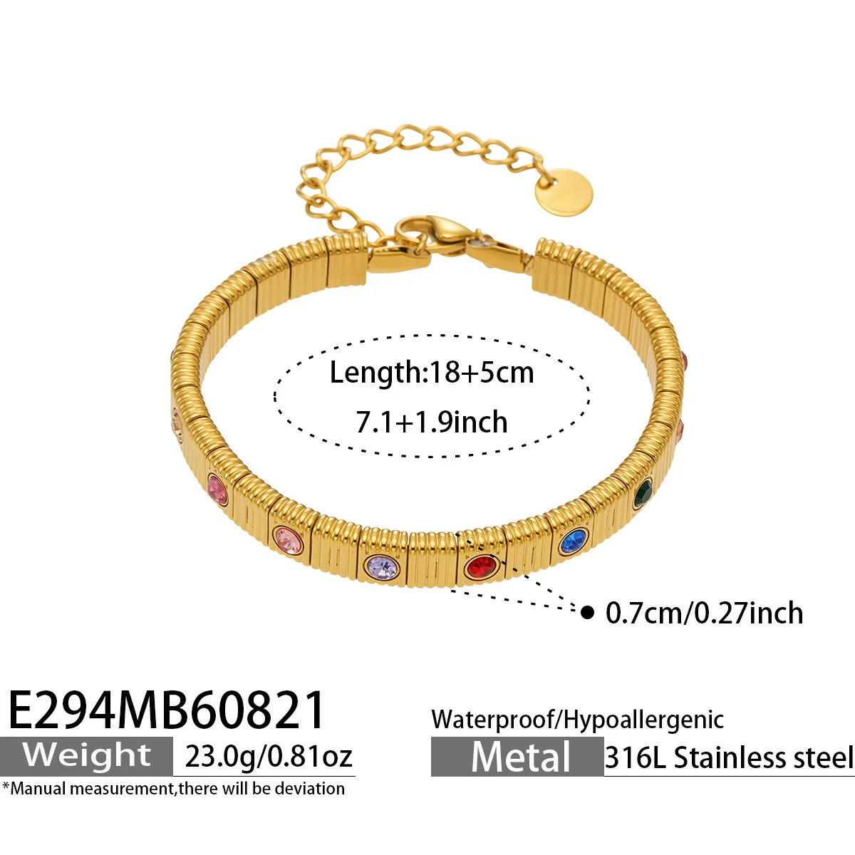 Edelstahl-Armband mit Streifenmuster, Quadratischen Perlen und Gliedern, 18K Vergoldet, mit Farbigen Kubischen Zirkonia für Damen – Detail 8