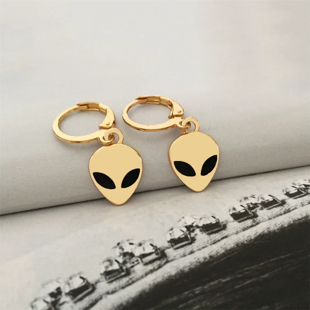 Trendy Gold Color Plating Green Red Black Eye Enamel Epoxy Aliens Charm Hoop Earrings For Women Girl Chic Modern Unique Jewelry