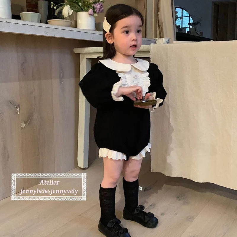 2025 New Spring 0-24M Children Clothes Infant Baby Girl Bodysuits Long Sleeved Cotton Lace Splicing Newborn Baby Girl Jumpsuit