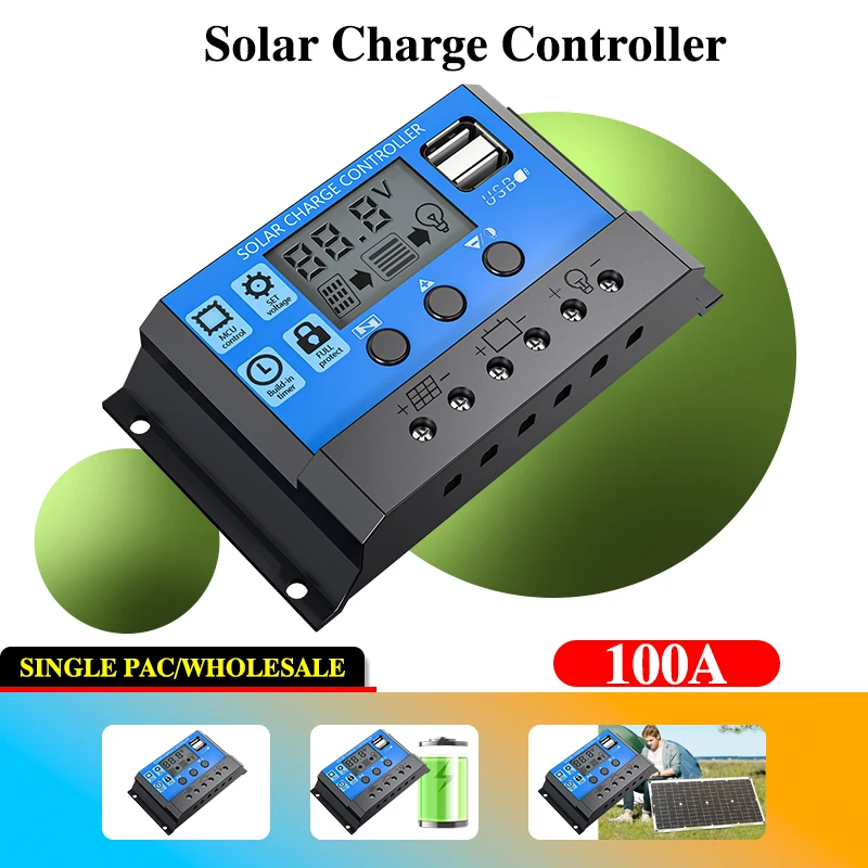 100A PWM جهاز التحكم بالشحن والتفريغ بالطاقة الشمسية، شاشة LCD مزدوجة USB، منظم شاحن لوحة الخلايا الشمسية التلقائي #1