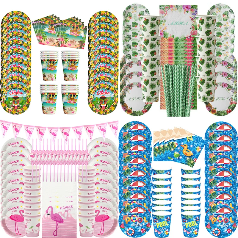 Summer Hawaii Party Disposable Tableware Sets Flamingo Palm Leaf Hawaiian Birthday Party Supplies Tropical Wedding Decorations