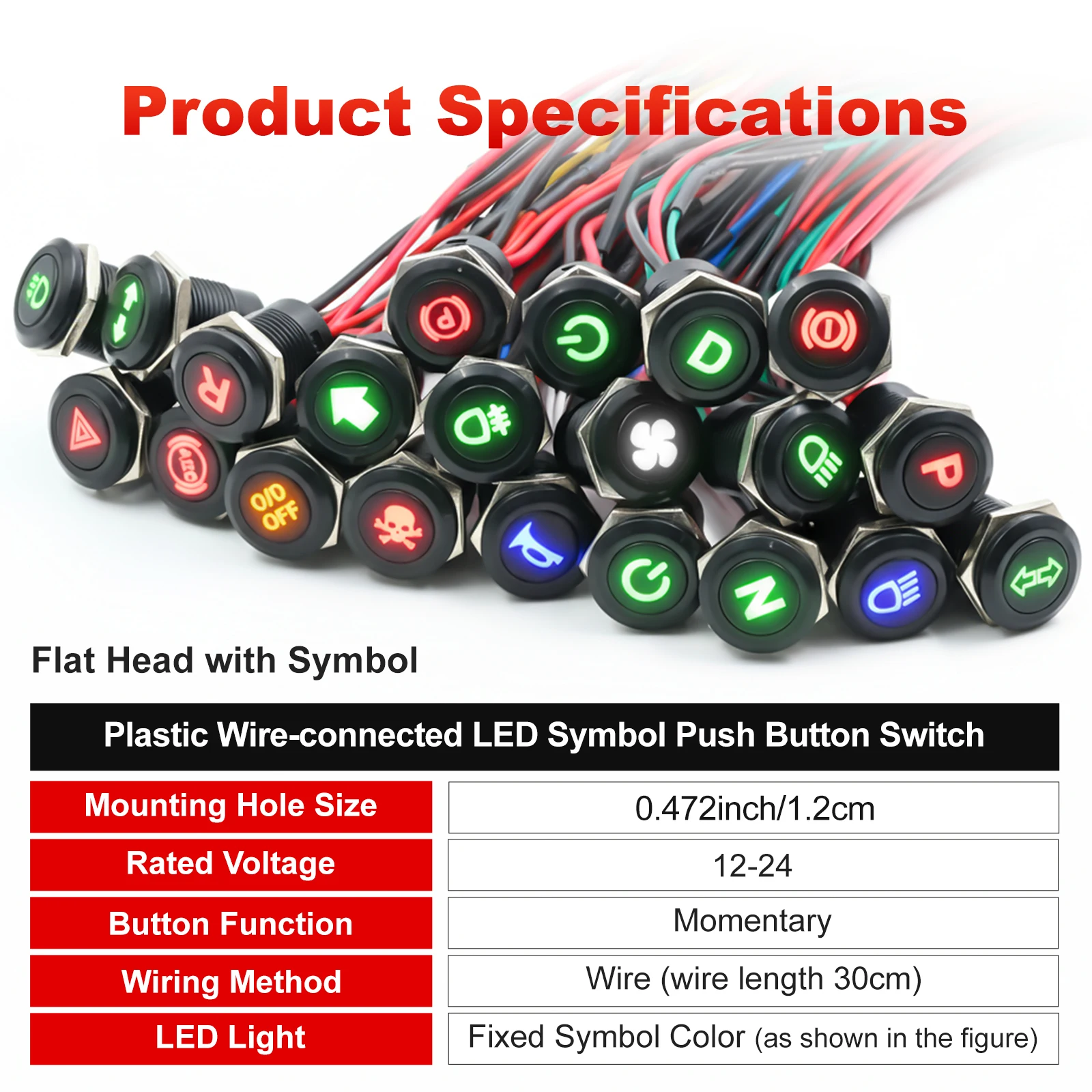 FLIN 12mm 12v coche de carreras barco IP65 botón de plástico impermeable interruptor de botón de enganche momentáneo con símbolo de tablero