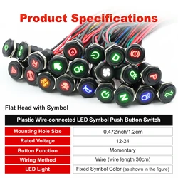 FILN 12mm Mini Plastic Push Button Switch Momentary Wired 12-24V LED Symbol Illuminated Switch for Car Boat Instrument Panel