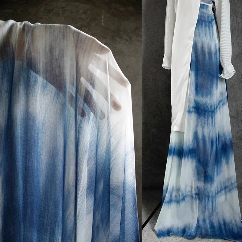 Blue Tie Dye Yarn Fabric Retro Artistic New Chinese Style Ethnic Vertical Smooth Handmade Skirt Hanfu Clothing Designer Fabrics