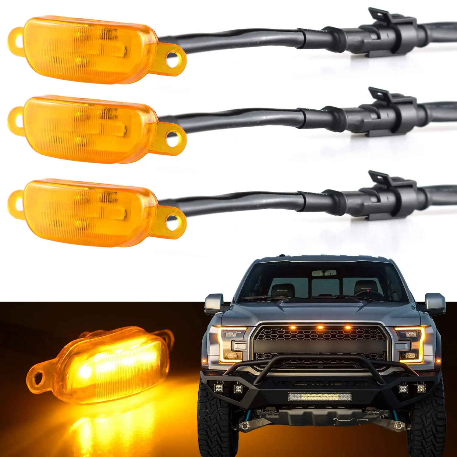 

Amber LED Lights 3PCS Front Grille Raptor Light Car Accessories With Harness And Fuse For Ford Raptor F150 F250 F350 Grille