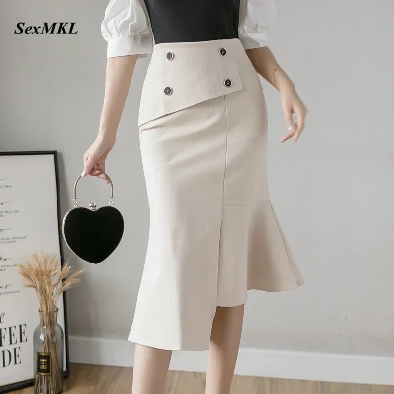 

Oversized Women Long Skirts 2024 Fashion High Waist Black Bodycon Skirt Sexy Korean Clothing Elegant Ruffles Slim Office Skirt