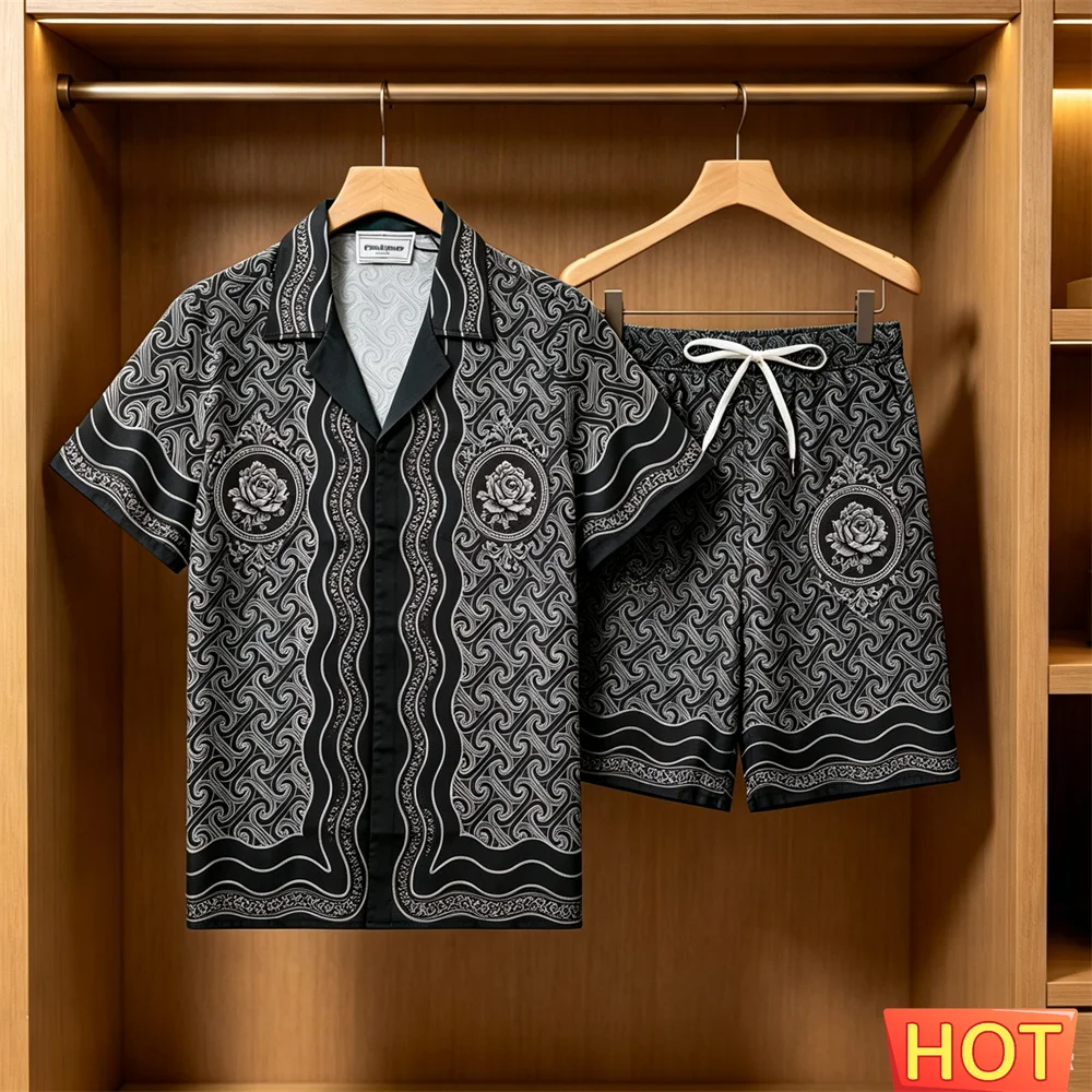 y2k Gradient patterned shirt set shirt pants sets Summer Men's Hawaiian Vacation Shirt Set Breathable men's casual two-piece set