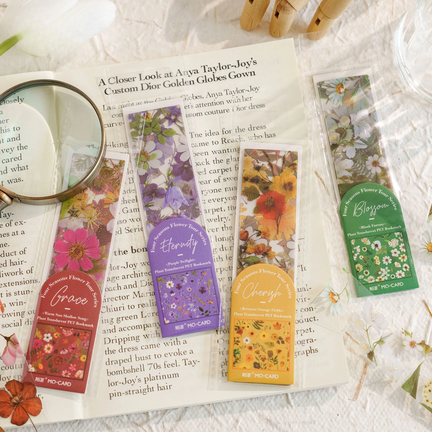 5PCS Four Seasons Flower Travel Series Bookmark PVC Translucent Reading Book Mark Retro Book Page Marker Stationery Supplies