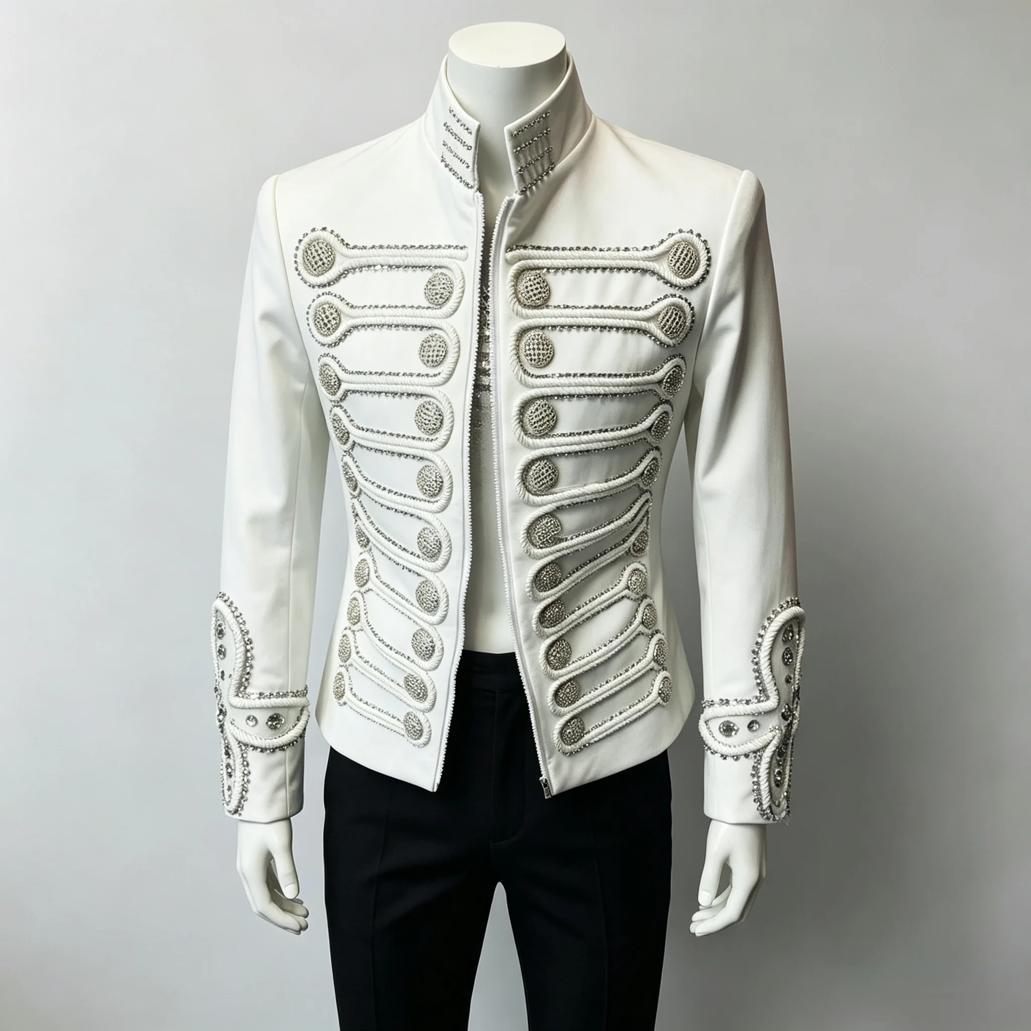 Customs Men White Military Style Braided Cord Rhinestone Decor Jacket Singer Stage Performance Blazer Wedding Party Formal Dress
