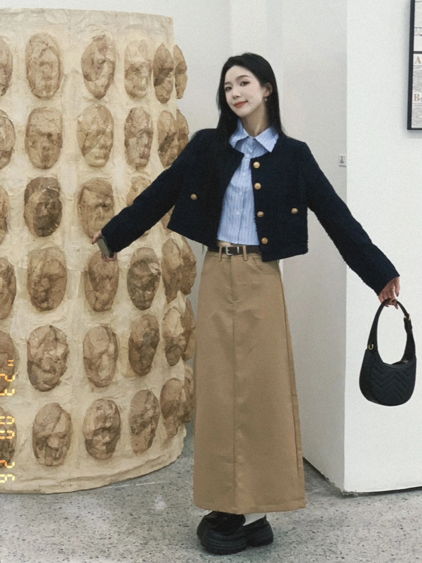 

Корейский зимний модный комплект: пальто, топ, юбка, футболка, теплый, средней толщины, длинный рукав, на пуговицах