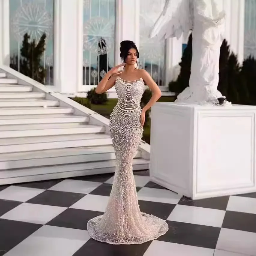 

Women Evening Dress Tube Top White Pearl Series Deep V-Neck Perspective Mesh High Waist Skinny Stage Banquet Dress