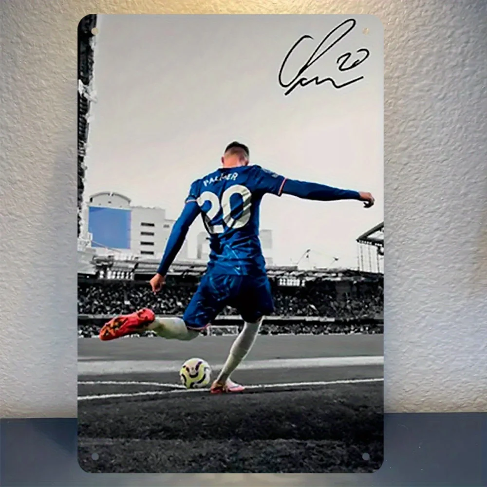 Cole Palmer Soccer Player Metal Wall Art - Rectangular Iron Sign with Vintage Design, Blue Jersey & Red Cleats, Perfect for Hom