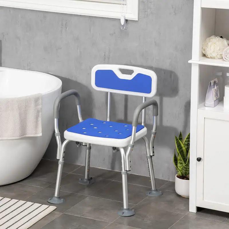 Aides à la douche Tabouret de douche ergonomique réglable en hauteur avec pieds antidérapants 56,5 x 53,5 x 87 cm blanc et bleu