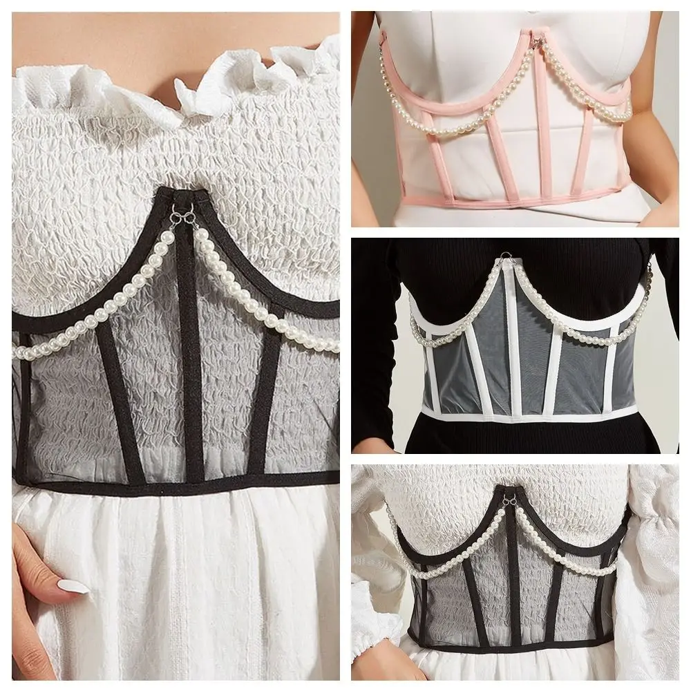 Fascette in rete con catena di perle Bustini legati trasparenti Cintura femminile Corsetto Canotte Abito Cintura Abito con cintura larga