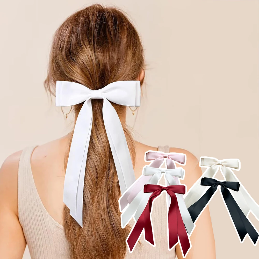 Women Solid Color Hair Bow Clips Korea Long Tassel Satin Double Layer Hairpin Elegant Ladies Bowknot Barrettes Hair Accessories