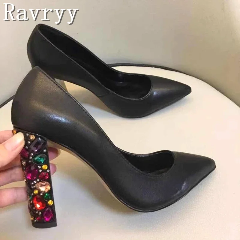 Luxury Colored Rhinestone Thick Heels Pumps Women New Black Gold Sheepskin Pointed Toe High Heels Ladies Fashion Dress Shoes