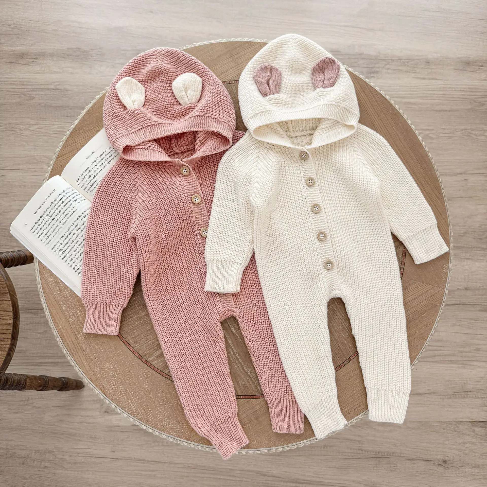 0-24M 100% Cotton Newborn Baby Knit Romper Kid Boy Girl Winter Warm Clothes Long Sleeve Hooded Thick Sweater Jumpsuit Outfit