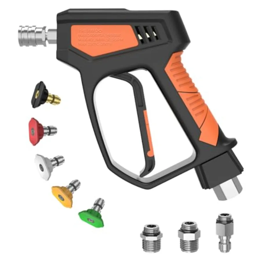 

Pressure Washer Gun 5000 PSI/ 10.5 GPM with 3/8" Swivel Plug and M22-14mm/15mm Fittings 5 Nozzle Tips Suitable for Most Pressur