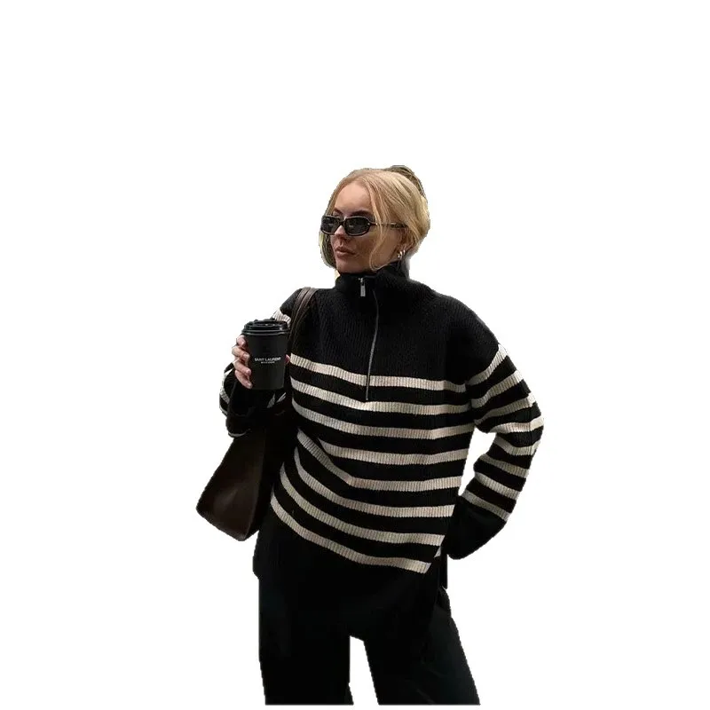 النمط الأوروبي والأمريكي فضفاض عارضة مخطط متماسكة سترة عارضة فضفاض الرجعية بدوره إلى أسفل طوق نصف البريدي السترة #4