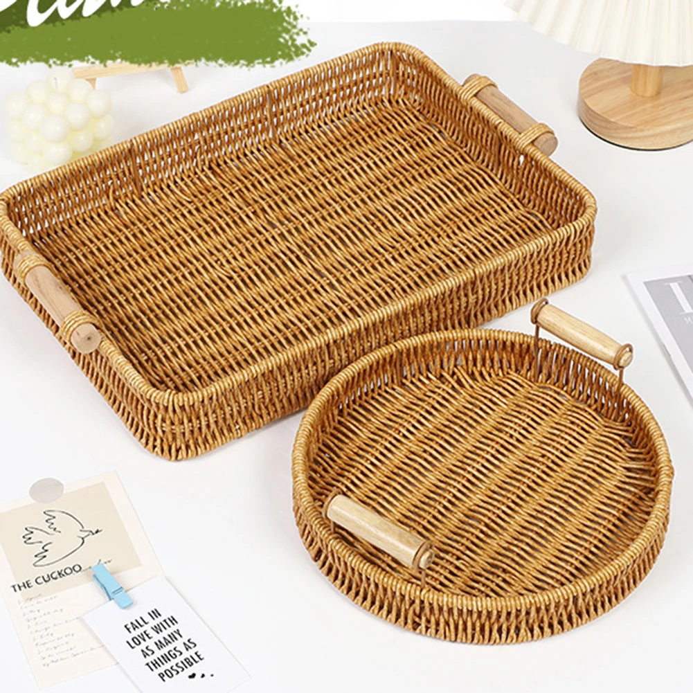 Artisanal Woven Rattan Serving Tray Multipurpose Tea And Snack Presentation Platter Bread Food Rattan Storage Basket Decoration